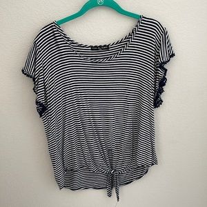 Flowy Striped Tee w/ Front Tie and Pattern Sleeves
